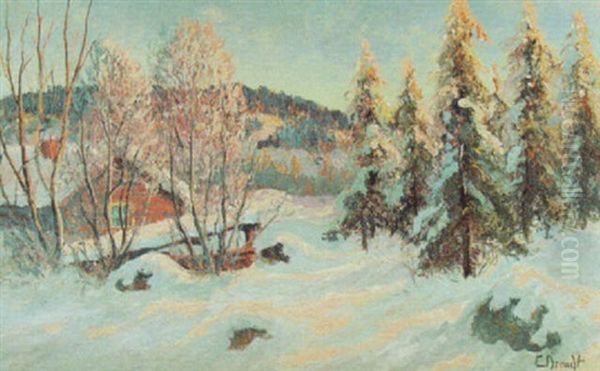 Vinterlandskap Med Rod Stuga - view 1