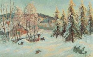 Vinterlandskap Med Rod Stuga by Carl Brandt