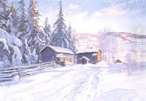 Solbelyst Vinterlandskap by Carl Brandt
