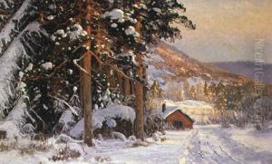 Vinterlandskap Med R"d Stuga