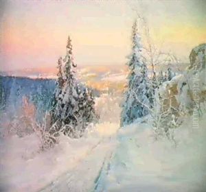 Sladspar Vid Snotyngda Granar-norrlandskt Vinterlandskap by Carl Brandt