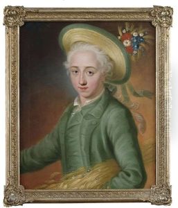 Portrait Des Abraham Michel (1760-1816) Als Halbfigur. Er Tragt Einen Grunen Justaucorps Und Hat Ein Ahrenbundel Unter Dem Arm, Sein Sommerhut Ist Mit Ahren Und Feldblumen Geschmuckt