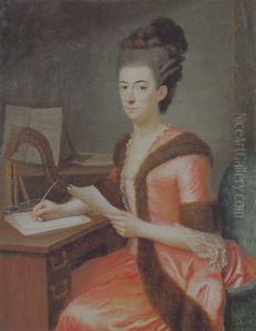 Portraet Af Siddende Brevskrivende Dame I Rod Kjole Med Nodestativ Og Harpe (hertuginde Af Holstein-gottorp?)