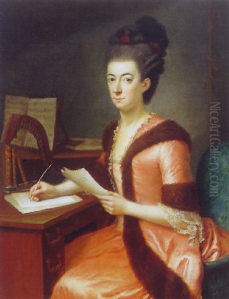 Portraet Af Brevskrivende Dame Siddende Ved Skrivebord, Ifort Rod Pelsbraemmet Kjole, Hoj Opsat Frisure, I Baggrunden Harpe Og Noder - view 1