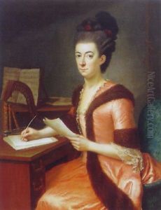 Portraet Af Brevskrivende Dame Siddende Ved Skrivebord, Ifort Rod Pelsbraemmet Kjole, Hoj Opsat Frisure, I Baggrunden Harpe Og Noder