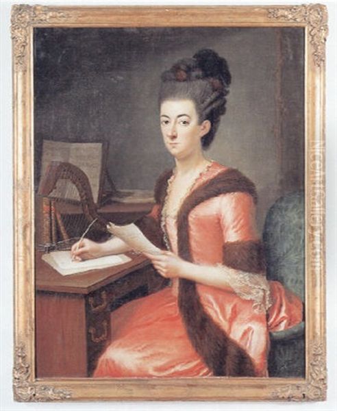 Portraet Af Siddende Brevskrivende Dame I Rod Kjole, I Baggrunden Nodestativ Og Harpe. Antagelig En Hertuginde Af Holstein-gottorp - view 1