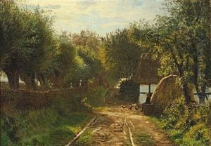 Farm Exterior With Young Girl Sitting In The Sun Watching The Hens