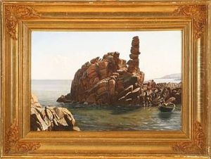 Man In A Rowing Boat Near The Rocks Of Bornholms Island, Denmark by Johannes Herman Brandt