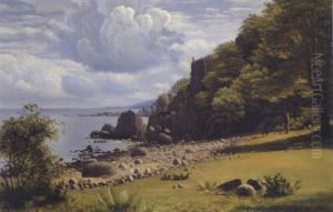 Parti Fra Bornholm Med Dreng Og Hund Ved Kysten En Sommerdag by Johannes Herman Brandt