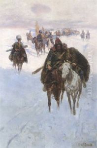 Kosaken-reiterzug In Verschneiter Winterlandschaft by Jozef Brandt