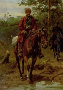 Zwei Kosaken Zu Pferd by Jozef Brandt