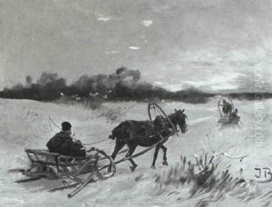 Troikas On A Winter Path by Jozef Brandt