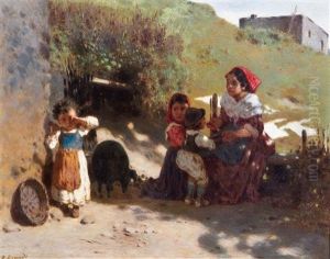 Italienische Landschaft Mit Mutter Und Kinder by Otto Brandt