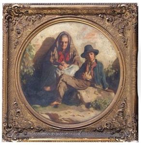 Portrait Of A Young Boy Seated On A Rock Eating Bread And An Old Lady Seated, Wearing A Shawl And Holding Worry Beads