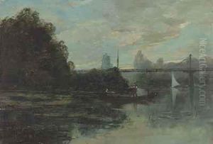Flusslandschaft Mit Netzfischern Flusslandschaft Mit Netzfischern