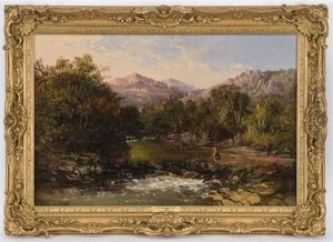 Angler By A River In An Alpine Landscape by Charles Branwhite