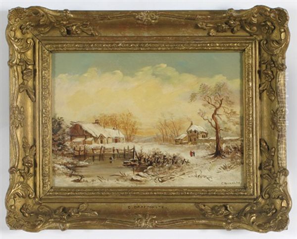 Winter Landscape With Frozen Pond, Two Figures Walking - view 1