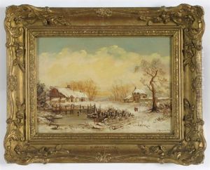 Winter Landscape With Frozen Pond, Two Figures Walking