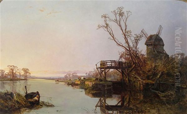 River Landscape With Boys Fishing From A Boat - view 1