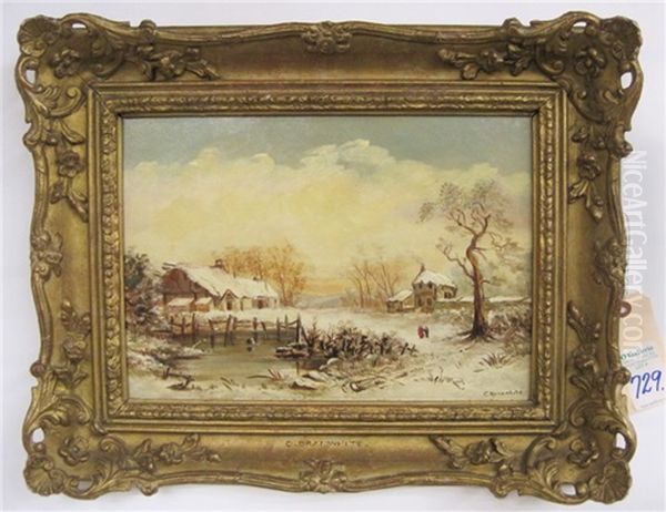 Winter Landscape With Figures, Pond, Home And Buildings - view 1