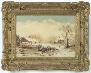 Winter Landscape With Figures, Pond, Home And Buildings by Charles Brooke Branwhite