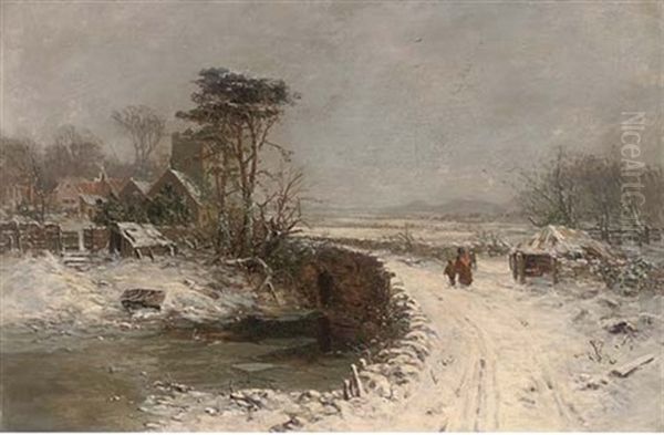A Mother And Child Crossing A Bridge In The Snow, A Village Beyond - view 1