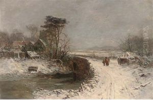 A Mother And Child Crossing A Bridge In The Snow, A Village Beyond by Charles Brooke Branwhite