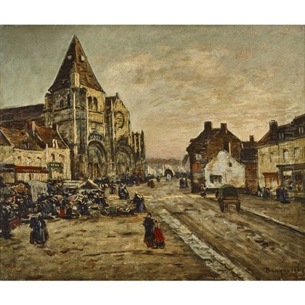 Franzosische Stadt Mit Markt Vor Romanischer Kirche - view 1