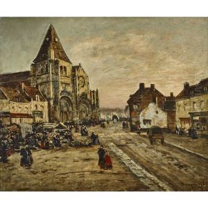 Franzosische Stadt Mit Markt Vor Romanischer Kirche Franzosische Stadt Mit Markt Vor Romanischer Kirche
