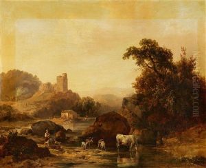 River Landscape With Castle Ruins And Cattle by Jacques Raymond Brascassat