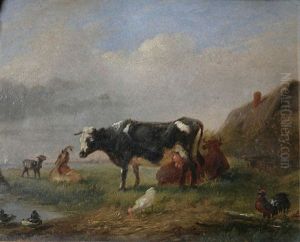 Vaches, Bouc, Poules Et Oiseaux Au Bord De La Rive by Jacques Raymond Brascassat