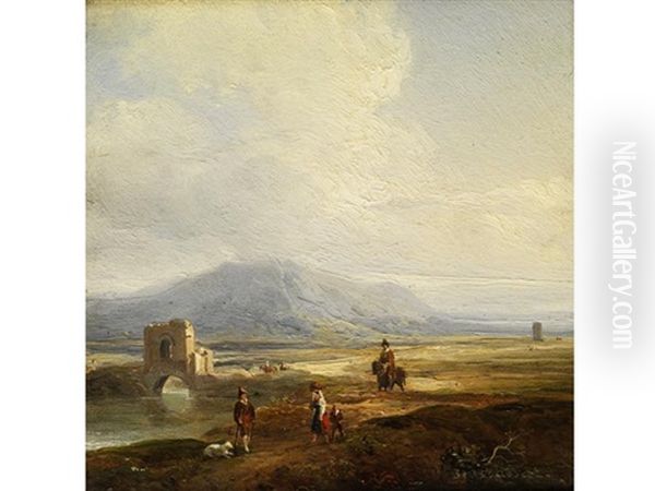 Sudliche Landschaft Mit Flusslauf An Antiker Brucke Und Figurenstaffage Mit Reiter - view 1
