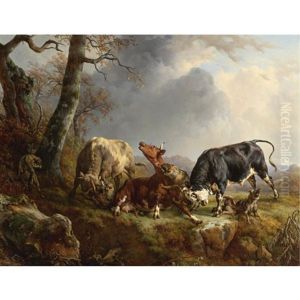 Two Bulls Defending A Cow Attacked By Wolves by Jacques Raymond Brascassat