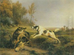Wolf Beim Beutezug Und Hirtenhunde In Weiter Landschaft by Jacques Raymond Brascassat