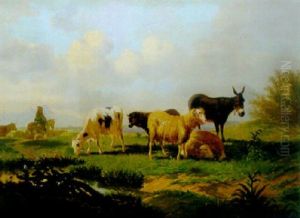 Moutons, Ane Et Chevres Au Bord Du Ruisseau by Jacques Raymond Brascassat