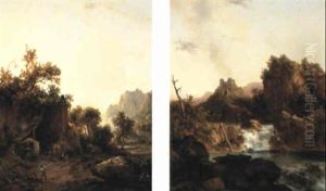 Wooded Mountainous Landscape With Charcoal Burners Near A River by Jacques Raymond Brascassat