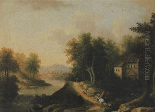 Bewaldete Flusslandschaft Mit Reitenden Jagern Und Hunden - view 1