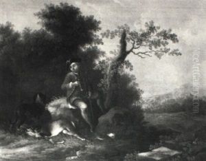 Ein Rastender Jager Mit Seinem Hund In Einer Waldlandschaft by Magnus Brasch