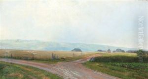 Hilly Countryside With Thatched Farms And Grazing Sheep by Hans Ole Brasen