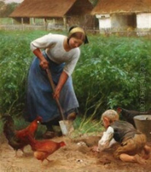 A Peasant Woman And Her Son Digging In The Garden - view 1