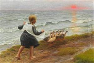A Little Girl Chasing Ducks On The Beach At Sunset by Hans Ole Brasen