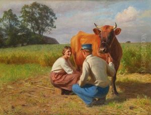 La Traite De La Vache En Galante Compagnie by Hans Ole Brasen