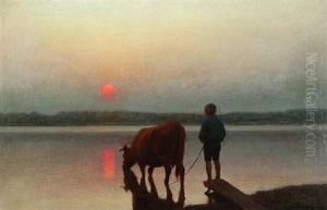 A Boy Watering His Cow In The Last Rays Of The Setting Sun by Hans Ole Brasen