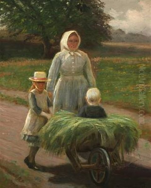 Mother With Her Children And A Wheelbarrow - view 1