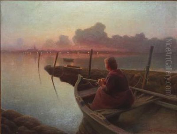 Sunset Coastal Scene With A Woman In A Rowboat - view 1
