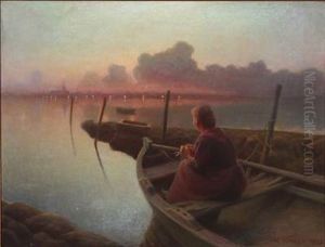 Sunset Coastal Scene With A Woman In A Rowboat