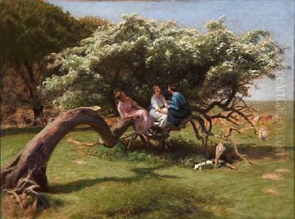 Three Young Girls Having A Picnic, Enjoying Themselves In A Tree - view 1