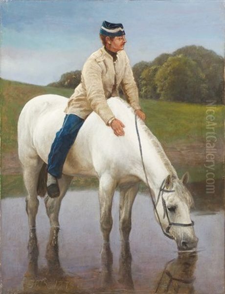 Cavalier Militaire Abreuvant Son Cheval - view 1