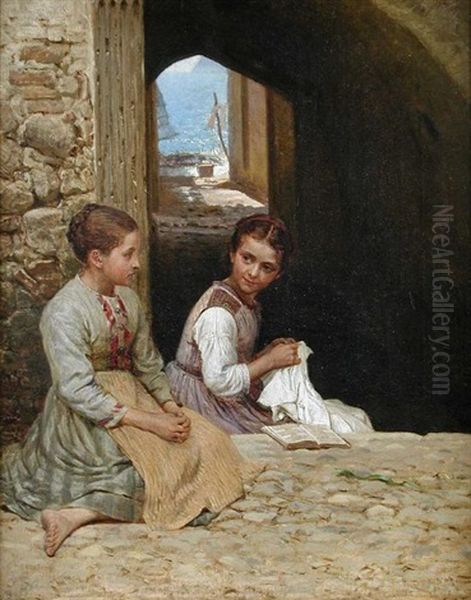 Two Italian Girls Sewing By A Window Over The Mediterranean - view 1