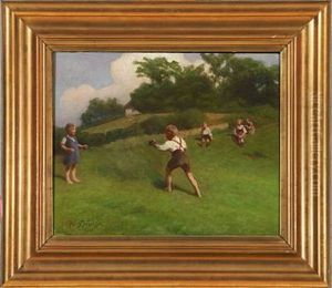 Playing Children On A Grass Field by Hans Ole Brasen
